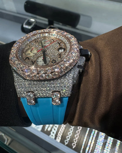 Moissanite Diamond Watch - Iced Out VVS1 Timepiece with Blue Rubber Strap and Automatic Self-Wind