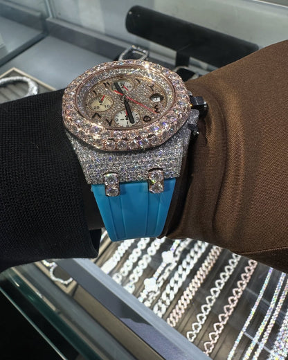 Moissanite Diamond Watch - Iced Out VVS1 Timepiece with Blue Rubber Strap and Automatic Self-Wind